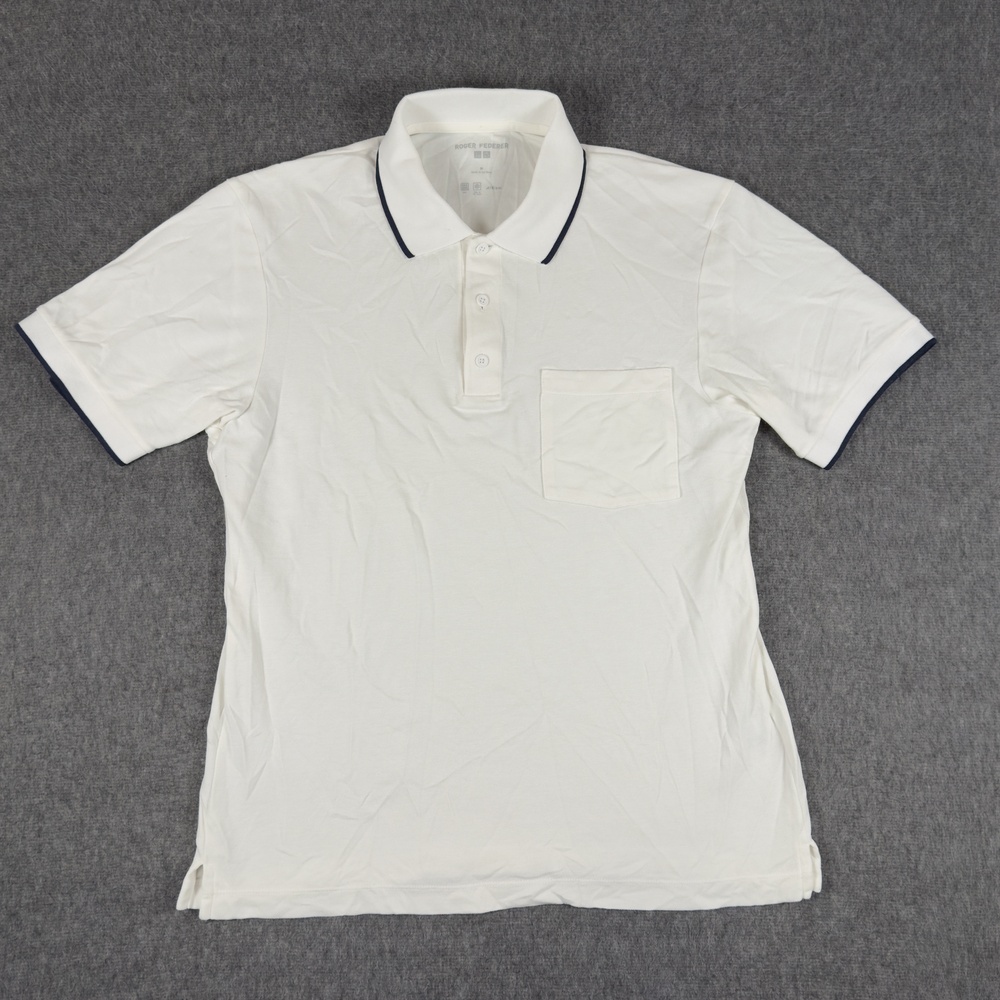 Uniqlo Polo Shirt Mens Medium White Roger Federer AIRism Tennis Pocket Top